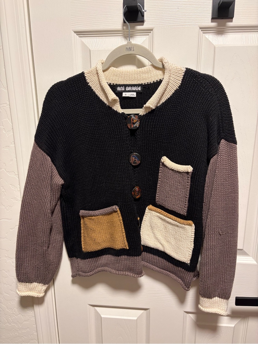 Ani Barrie Vintage Colorblock Knit Cardigan - Black, Taupe, Cream, Mustard